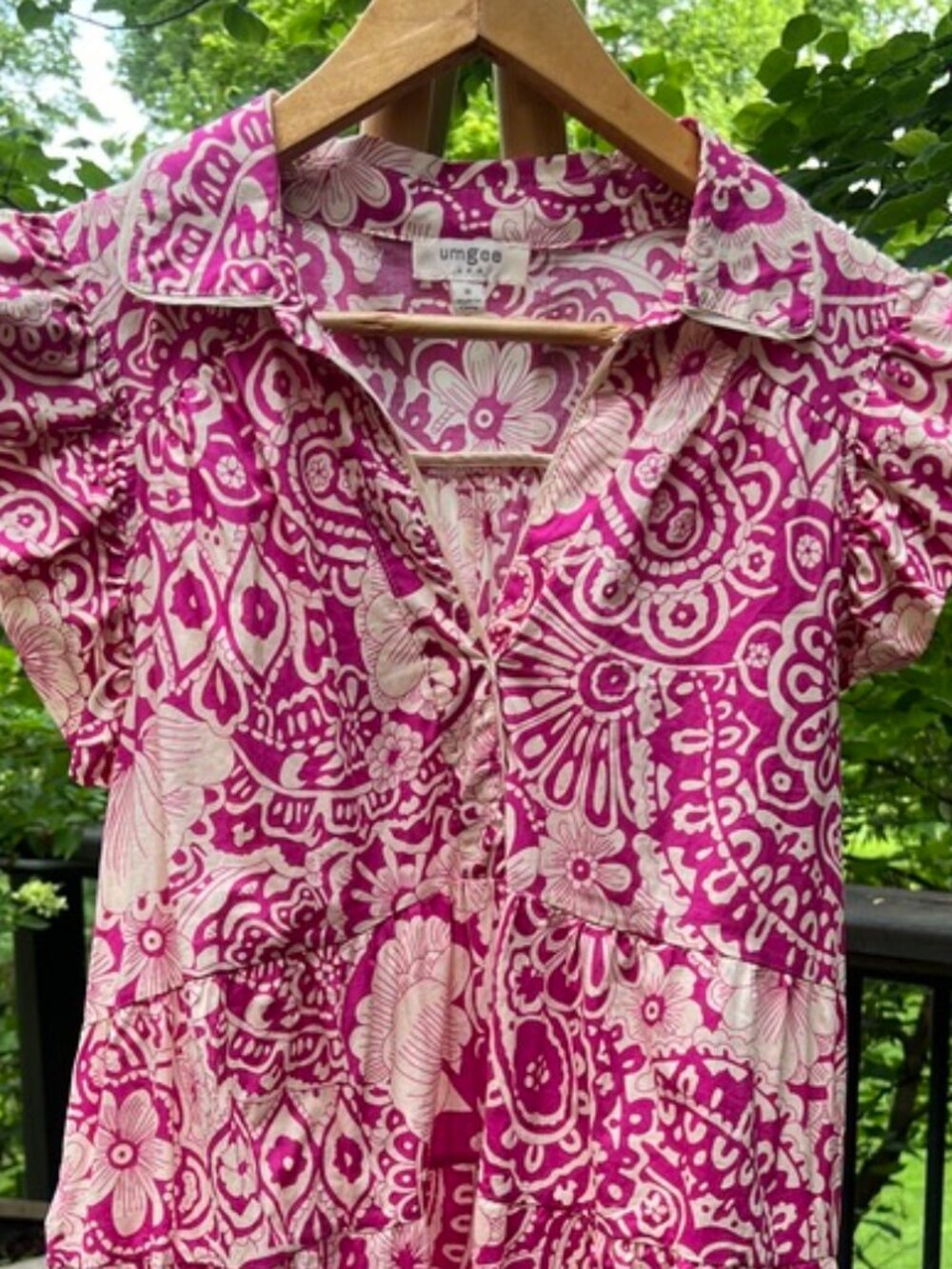 Umgee Pink Floral Tiered Mini Dress Ruffle Sleeve Collared 100% Cotton Size M